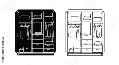 Line art illustration of two open wardrobes with clothing and storage