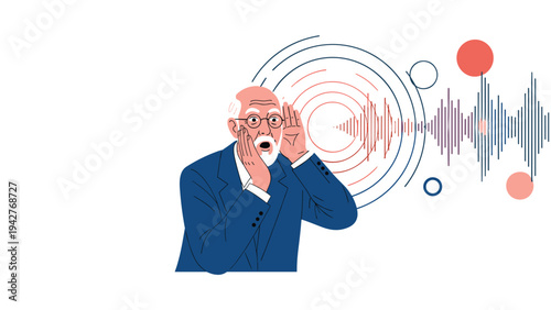 Elderly man in a blue suit cupping his hands to his ears to hear better as sound waves and circles radiate from the side.