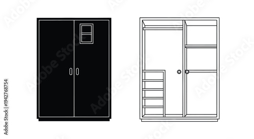 Black and white line drawing of two wardrobe designs front and side view
