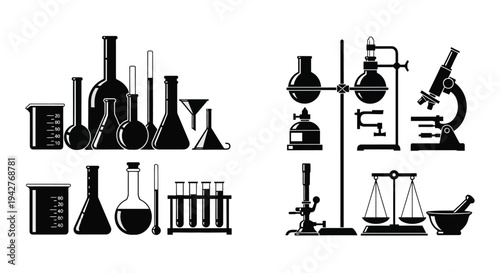 Black silhouette icons depicting various laboratory glassware and scientific instruments