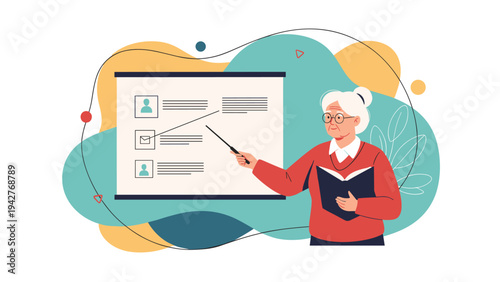 Senior female educator or presenter holding a book and pointing a stick at a presentation chart on a white board with icons.