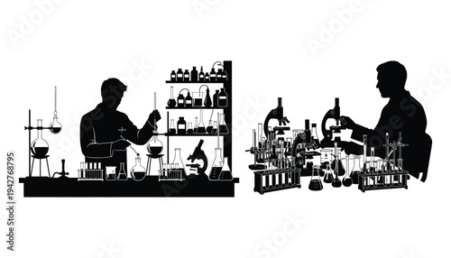 Laboratory Silhouette: Scientist Working with Flasks and Microscopes