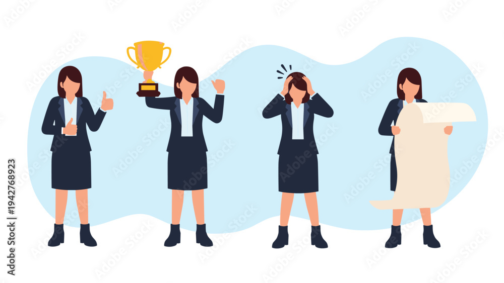 Obraz premium Four different poses of a businesswoman showing a thumbs up, holding a trophy, feeling stressed, and reading a long paper scroll.