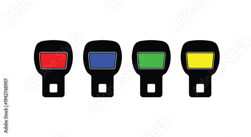 Four seatbelt buckles displaying red blue green and yellow colors