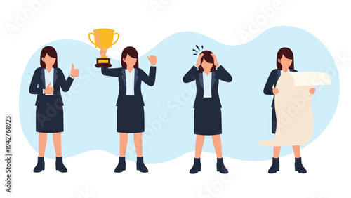 Four different poses of a businesswoman showing a thumbs up, holding a trophy, feeling stressed, and reading a long paper scroll.