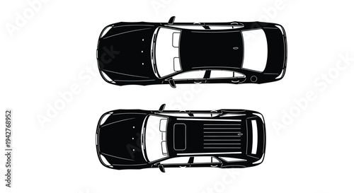 Black and white illustration of a modern sedan car from two views