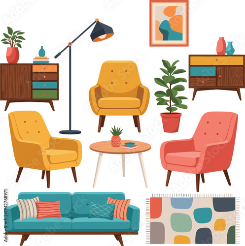 Colorful modern living room furniture set with sofa, armchairs, cabinets, floor lamp, coffee table, indoor plants, stylish home decor illustration