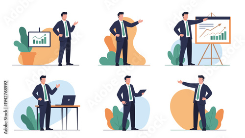 Group of six illustrations featuring a businessman in a suit and green tie performing various presentation and public speaking poses.