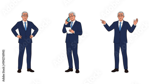 Set of three illustrations showing an elderly businessman in a blue suit standing confidently, talking on a phone, and pointing.