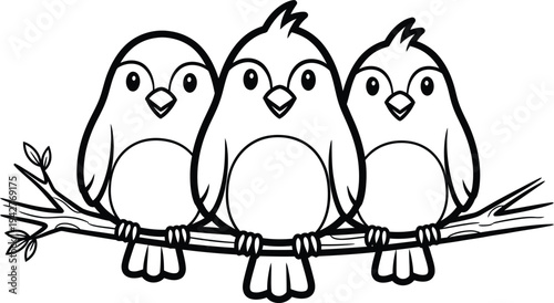 Three cartoon birds perched on a branch