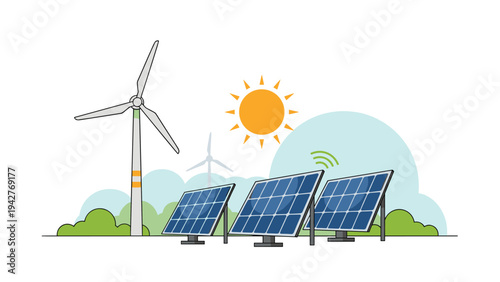 Sustainability concept illustration showing solar panels and wind turbines generating clean energy under a bright yellow sun.