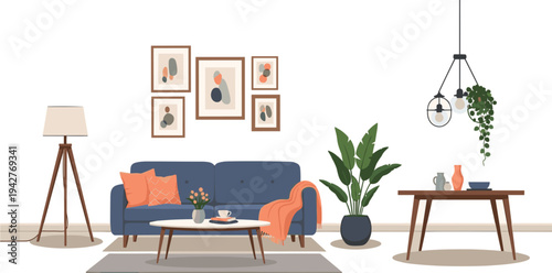 Modern living room interior with blue sofa, gallery wall art, indoor plants, coffee table, floor lamp, stylish apartment decor flat illustration