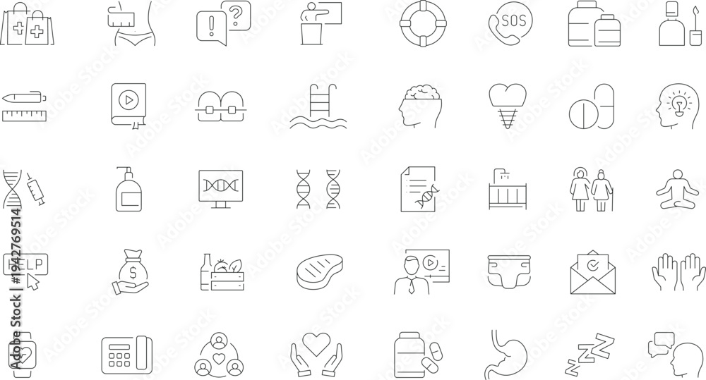 Obraz premium Healthy Lifestyle and Wellness Line Icon Set – Fitness, Nutrition, Self Care and Healthcare Outline Icons