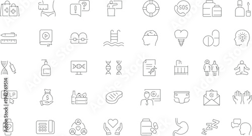 Healthy Lifestyle and Wellness Line Icon Set – Fitness, Nutrition, Self Care and Healthcare Outline Icons