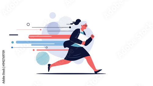 Determined senior businesswoman in dark suit running at high speed while holding a laptop against abstract dynamic background for fast business.