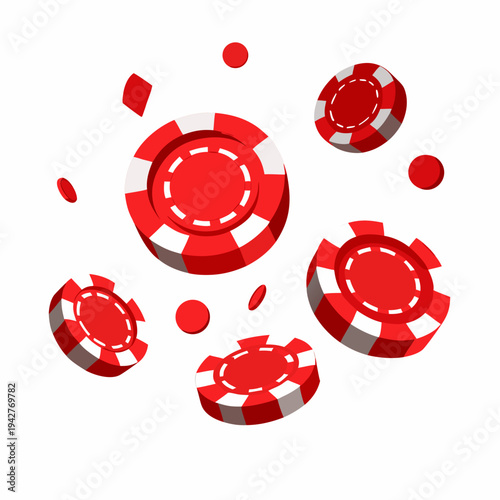 Red poker chips scattered on white background