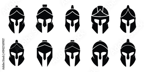 Ancient warrior helmet silhouette icon set, featuring Greek Spartan helmet symbols in bold black vector style for history themes, military emblems, and classical design projects.
