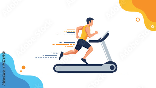 Athletic man in sports gear running fast on a treadmill at the gym with speed lines and abstract colorful shapes for fitness and health concept.