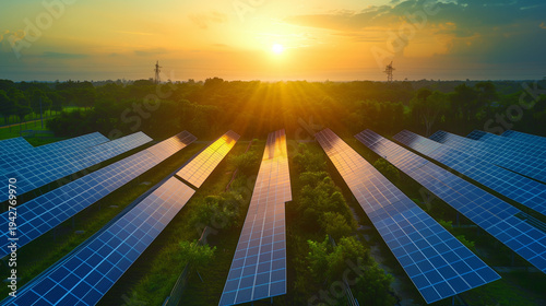 Solar farm and sun light. Solar power for green energy. Sustainable renewable energy. Photovoltaic power station or solar park. Solar panel installation and maintenance concept. Energy sustainability