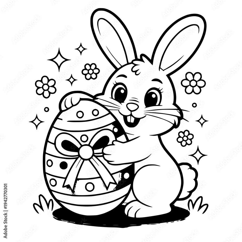 Obraz premium Cute Easter bunny hugging a large decorated Easter egg, festive spring holiday celebration, cartoon vector illustration.