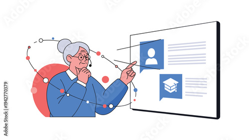 Senior woman with a headset pointing at a digital educational screen with learning and profile icons for online tutoring or support concepts.