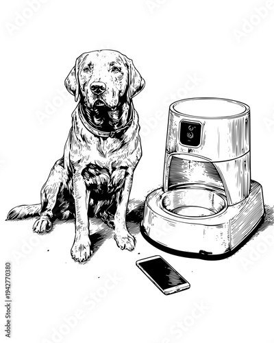 Smart pet feeder with a built in camera and smartphone connection, vectorized illustration