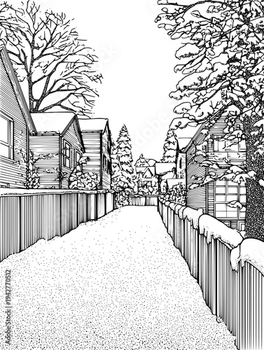 Snowy suburban street from the 90s, quiet and softly lit, vectorized illustration