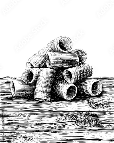 Tall pile of rigatoni pasta on a rustic wooden table surface, black vector graphic