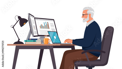 Senior man with white hair and beard working diligently on his laptop at a modern desk setup with two monitors and a desk lamp in a home office.