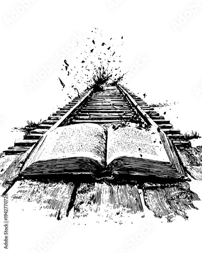 Train tracks emerging from a giant open book on a wooden table, vectorized illustration