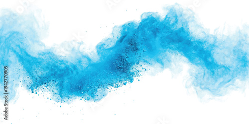 A vibrant blue powder explosion creates a dynamic, wavy trail against a clean white background