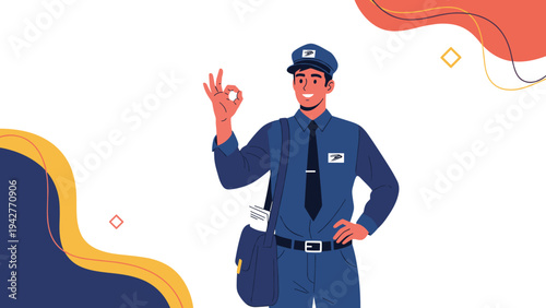 Friendly male mail carrier in a blue professional uniform and hat giving an 'OK' hand gesture while carrying a mail bag full of letters for work.