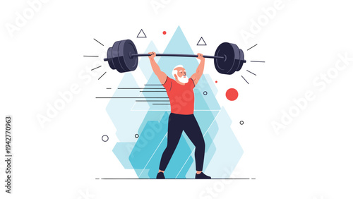 Strong senior man with white beard lifting a heavy barbell over his head for powerlifting and fitness showing strength and health in older age.