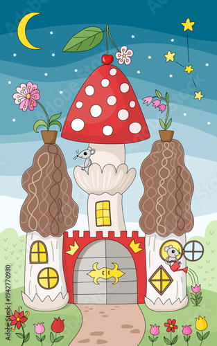 Cute castle from mushrooms. Little mouses live in it.  Night landscape with f...