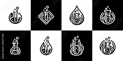 Icon Set Vector of 8 Chemistry Laboratory Flask and Test Tube Logo Symbols