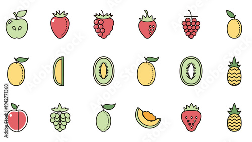 Comprehensive grid of various fruit icons in a simple outlined flat design including apple, strawberry, grapes, pineapple, and kiwi for food.