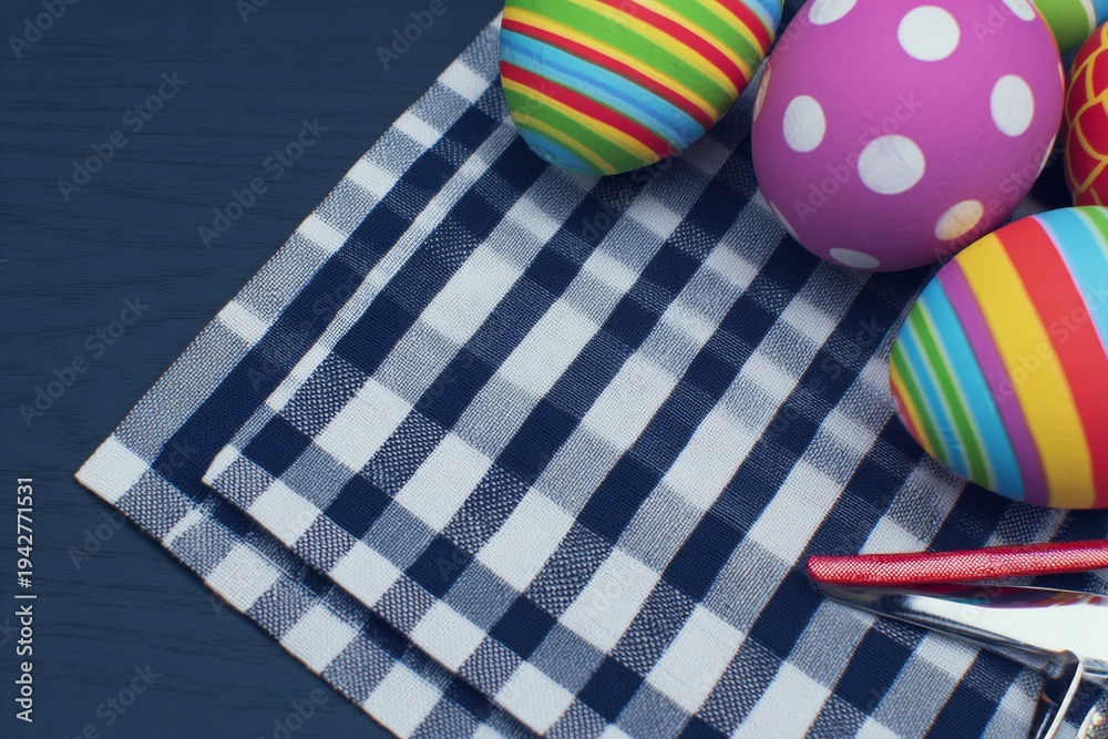 Fototapeta premium Elegant easter egg display on a dark blue canvas. Daily life. Exquisite easter scene with detailed egg art and textured napkins. Simple life. Natural mood.
