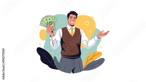 Happy successful male professional in business attire holding a fan of cash banknotes and smiling while gesturing towards the viewer.