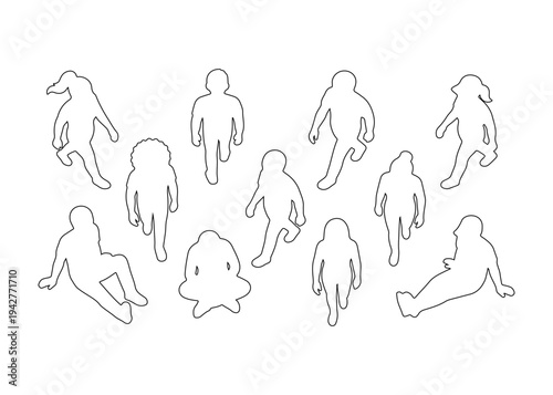 Top View People Outline Vector Set with Walking and Sitting Poses, Overhead Men and Women Characters for Architectural Floor Plans, Urban Planning and Interior Layout Drawings