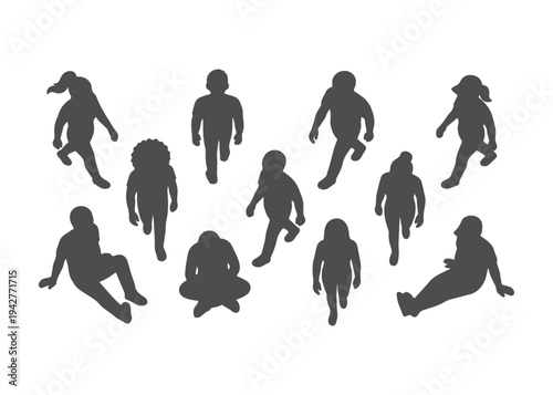 Top View People Silhouette Vector Set with Walking and Sitting Men and Women Figures for Architectural Floor Plans, Urban Planning Diagrams and Interior Layout Presentations