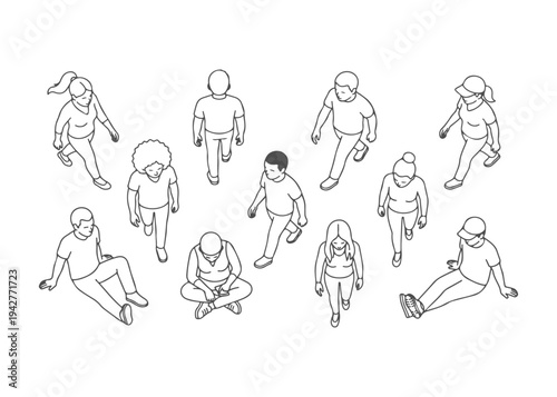 Top View People Vector Set with Walking and Sitting Characters, Overhead Men and Women Figures for Architectural Floor Plans, Urban Planning Layouts and Interior Design CAD Illustration