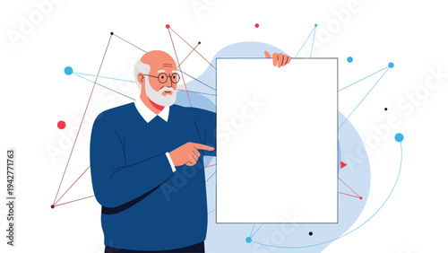 Elderly bearded man in glasses and a blue sweater pointing towards a blank white board against a background of connected colorful dots.