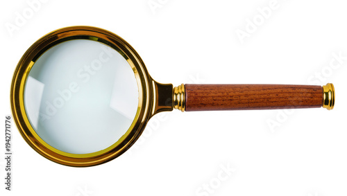 Isolated golden framed magnifying glass with wooden handle for inspection and examination