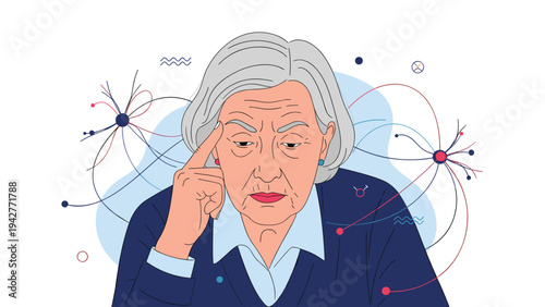 Senior woman with gray hair deeply lost in thought with an abstract neural network and geometric patterns representing mental processes.