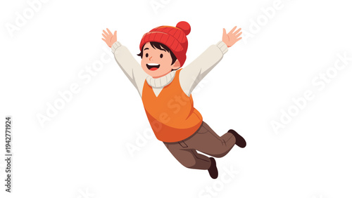 Joyful young boy wearing an orange vest and red knit hat jumping excitedly through the air with arms wide open against a white backdrop.