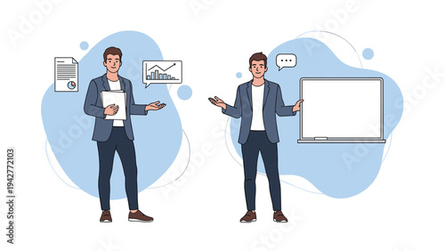 Two professional male figures presenting business data with one holding a clipboard and another standing next to a blank white board.