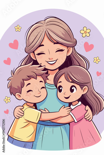 Vector icon sheet featuring a mother hugging her two children, representing family love and motherhood. This vector sheet is ideal for digital and print use