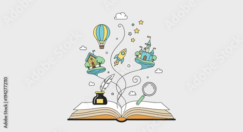 Open book with floating fantasy elements and storytelling icons