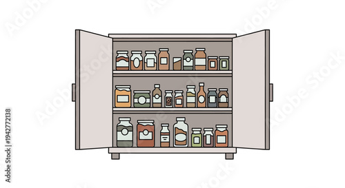 Open kitchen pantry cupboard filled with jars and bottles