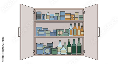 Open kitchen pantry cupboard with various food and drink items